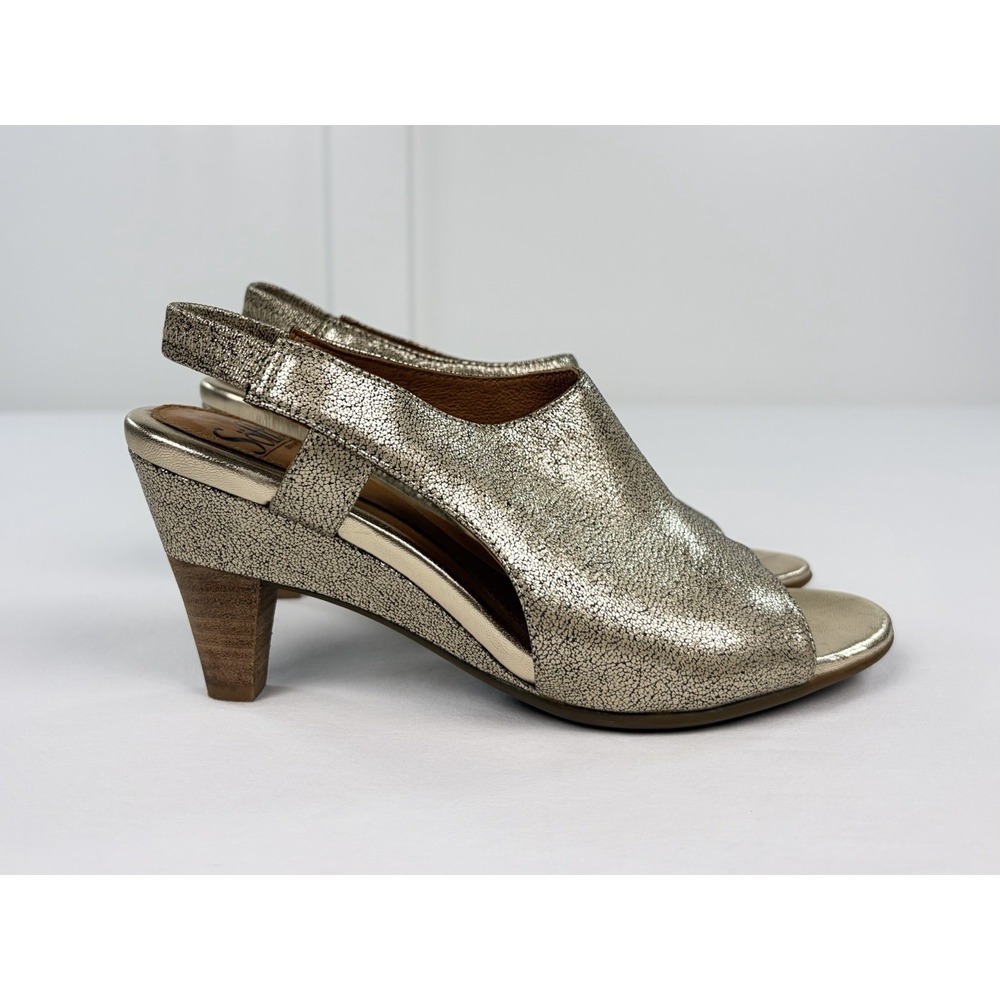 Sofft Womens 7.5 M Gold Metallic Crackle Leather Peep Toe Slingback Heels Shoes